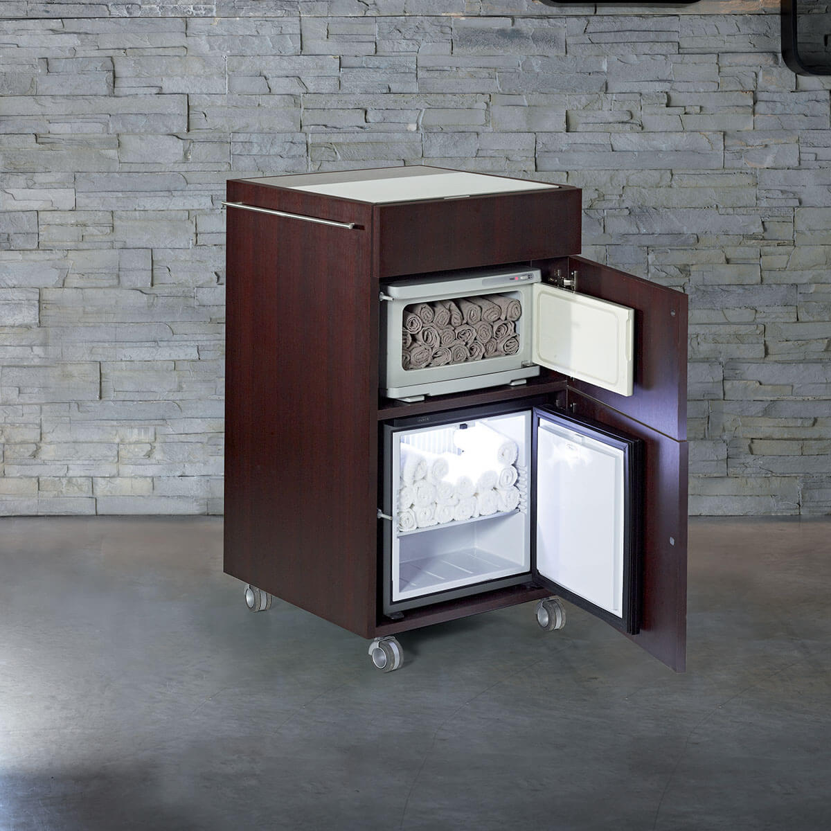 ПОДКАТНАЯ ТУМБА T-VALE с платформой для нагрева, холодильником, выдвижным ящиком и разгоревателем полотенец - 1